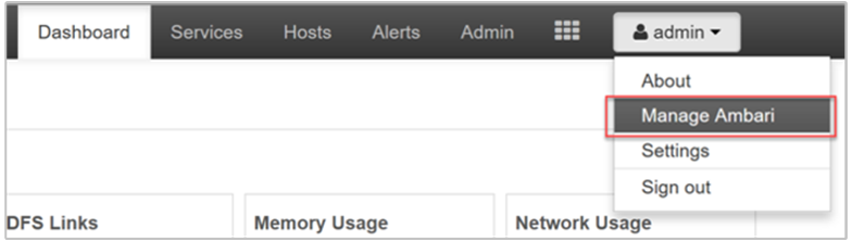 Apache Ambari dashboard Manage Ambari.