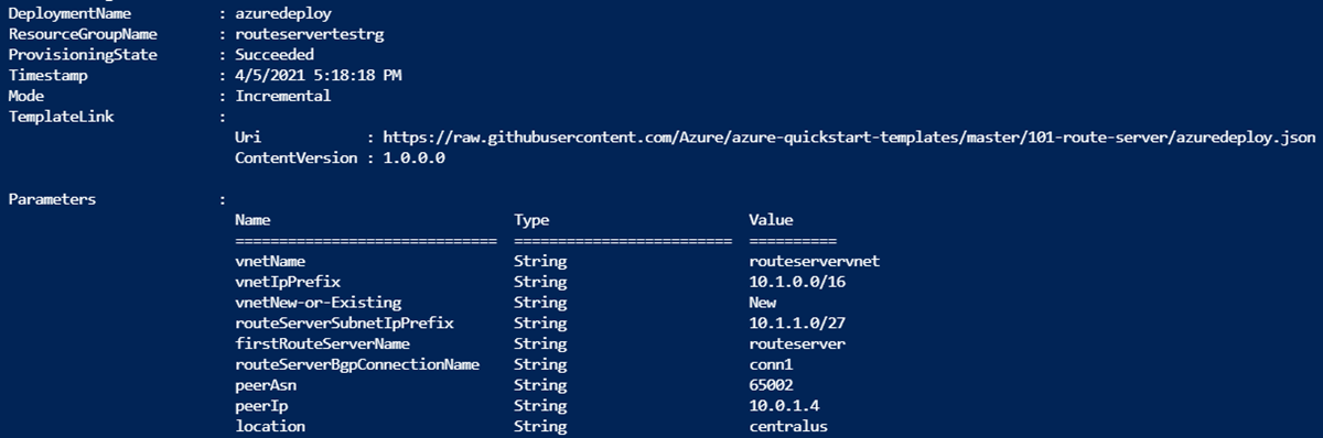 Результаты развертывания шаблона Resource Manager Route Server в PowerShell