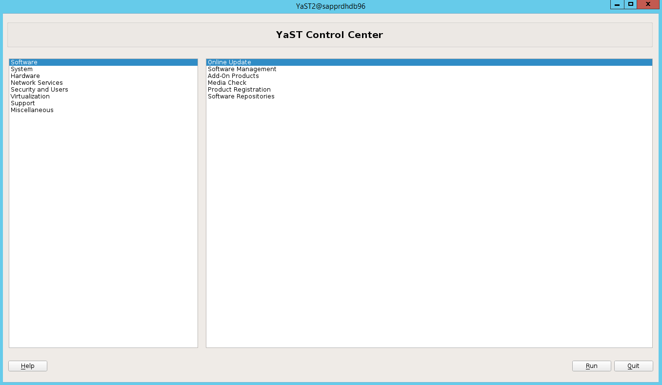 Снимок экрана: окно YaST Control Center с выбранными элементами Software (Программное обеспечение) и Online Update (Онлайн-обновление).