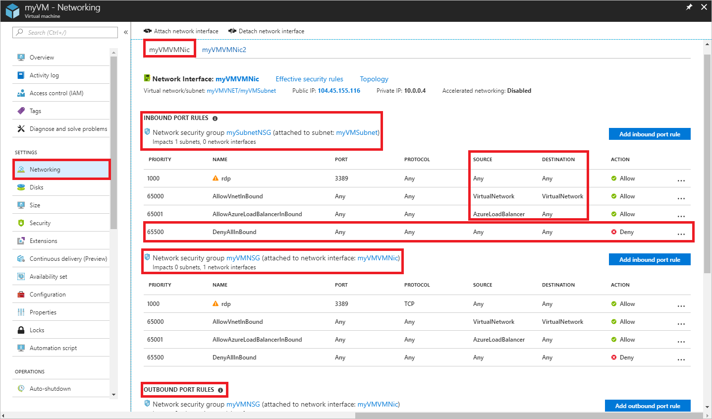 На снимке экрана показан портал Azure с сетевыми параметрами для сетевой карты my V M V M Nic.