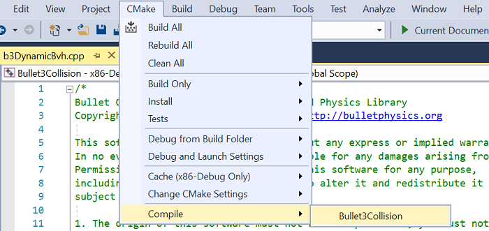 Снимок экрана: контекстное меню компиляции CMake > . Он содержит одну запись: Bullet3Collision.