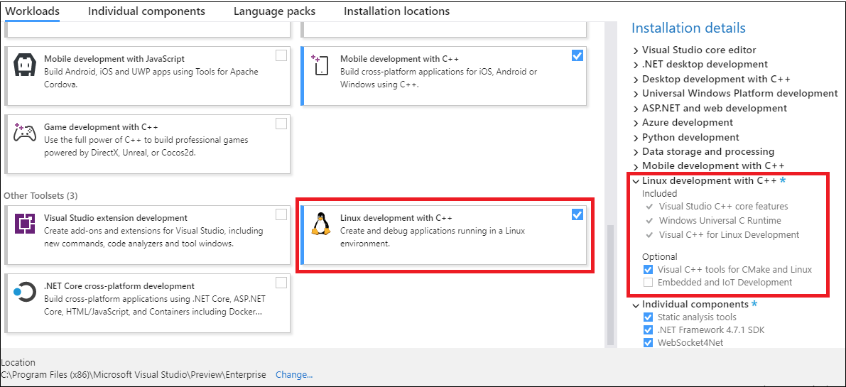 Снимок экрана: в Visual Studio Installer выделен элемент рабочей нагрузки 