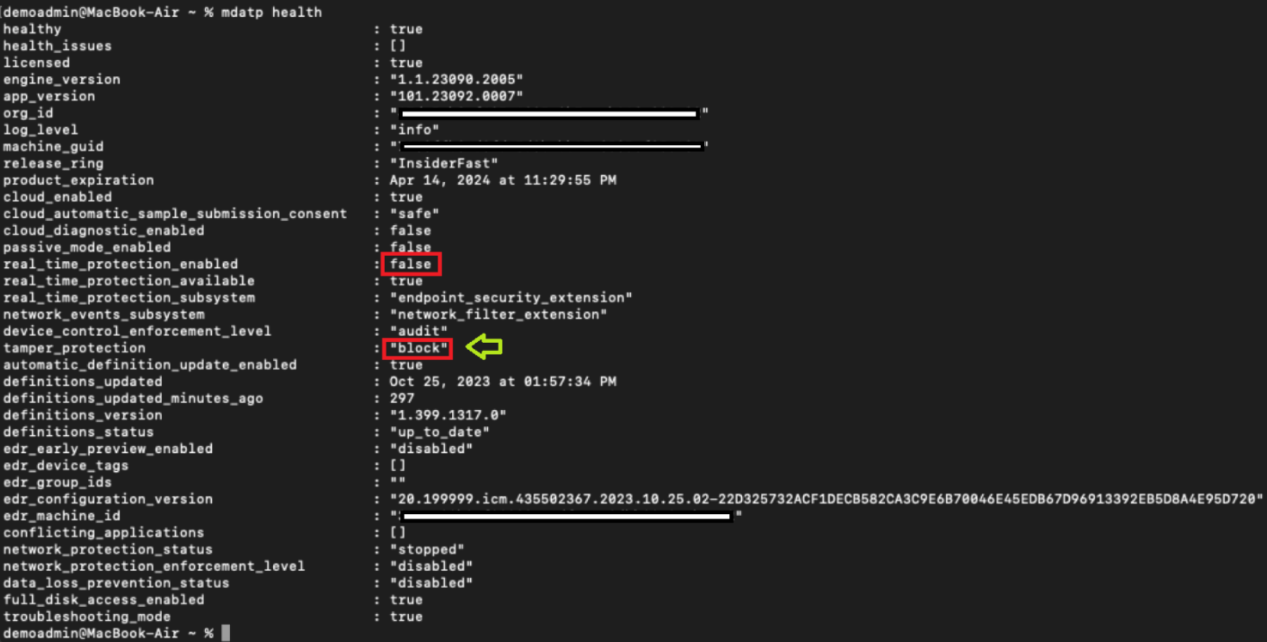 Screnshot отображает снимок экрана с выходным отчетом о работоспособности mdatp.