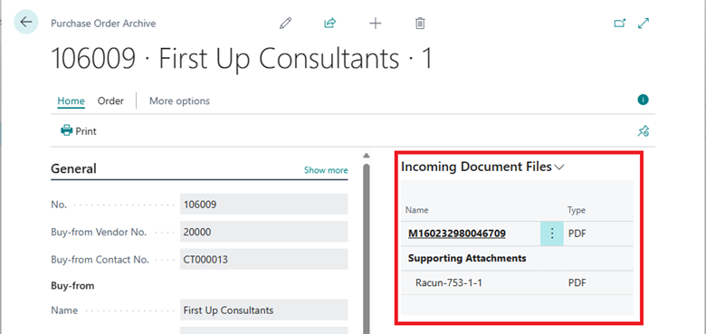 Shows purchase order archive page with Incoming Document FactBox highlighted