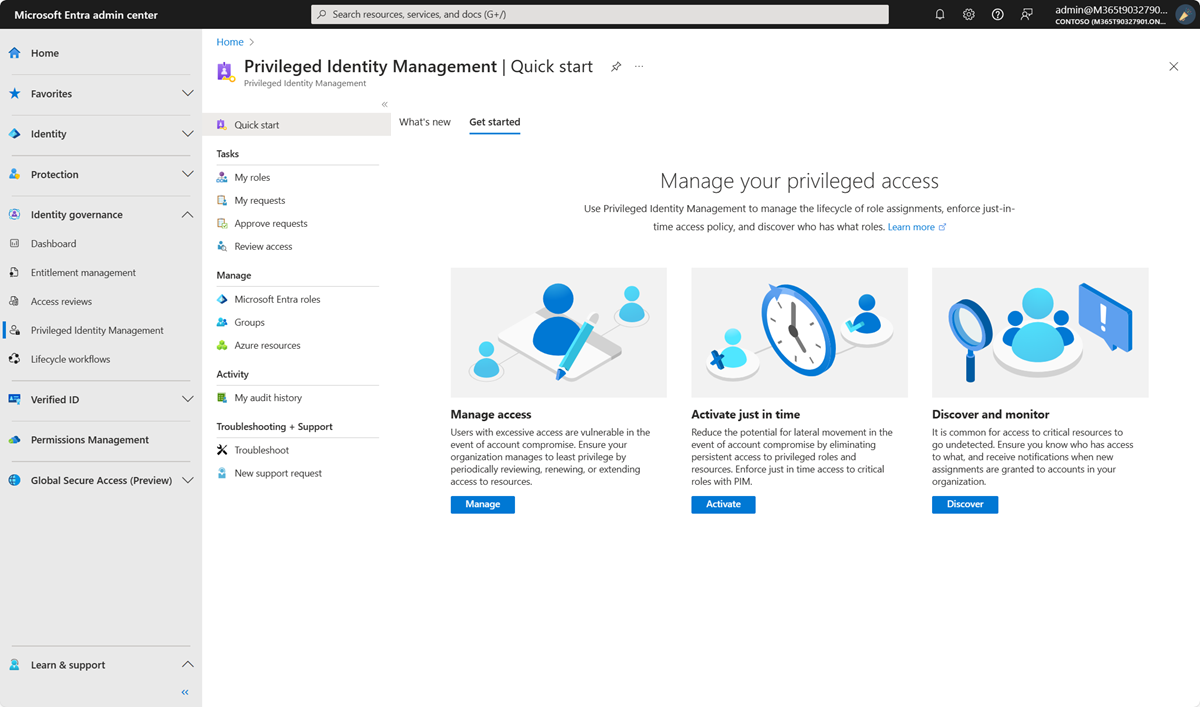 Снимок экрана: Privileged Identity Management на портале Azure.