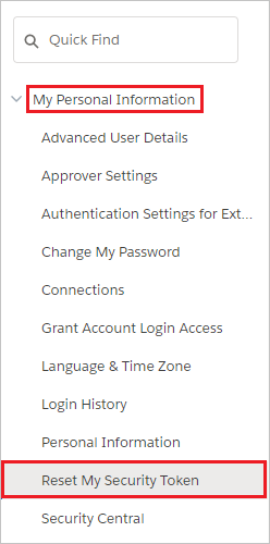Снимок экрана: пункт Reset My Security Token (Сбросить мой маркер безопасности) в разделе My Personal Information (Моя личная информация).