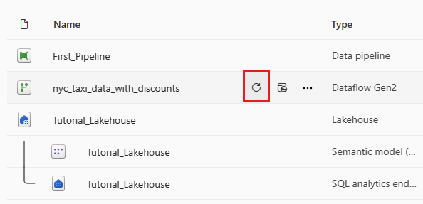 Screenshot showing the selection of the refresh button to refresh the dataflow.
