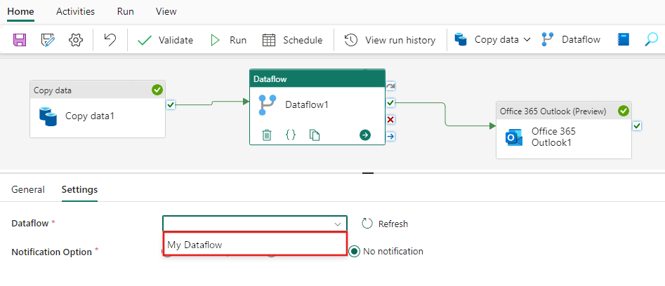 Screenshot showing the Settings tab of the Dataflow activity.