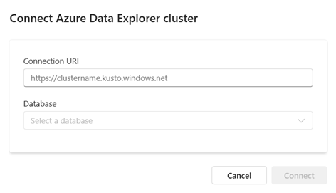 Снимок экрана: окно подключения с универсальным кодом ресурса (URI) кластера Azure Data Explorer. Выделена кнопка 