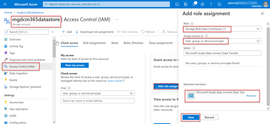 Снимок экрана: назначение ролей приложению для Microsoft Graph Data Connect в учетной записи хранения Azure на портале Azure.