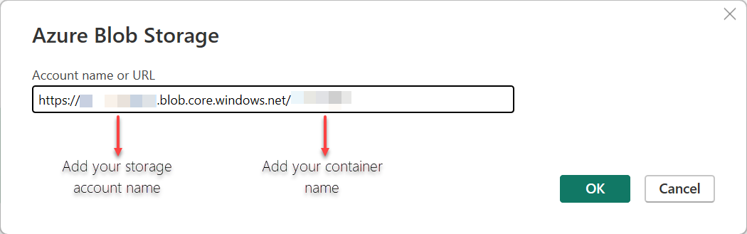 Снимок экрана: добавление URL-адреса учетной записи хранилища BLOB-объектов Azure для получения данных в Power BI.