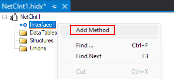 Screenshot shows main design view, Interface shortcut menu, and selected option for Add Method.