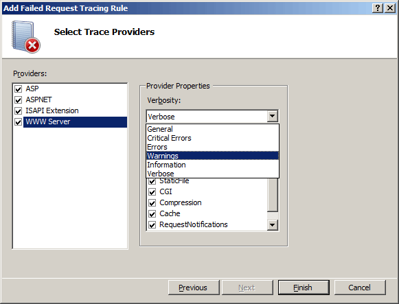 Снимок экрана: мастер добавления правила трассировки неудачных запросов со страницей Выбора поставщиков трассировки. Выбраны W W W Server и Предупреждения.