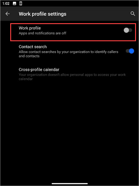 Снимок экрана: переключатель рабочего профиля, отключенный в параметрах устройства Surface Duo.