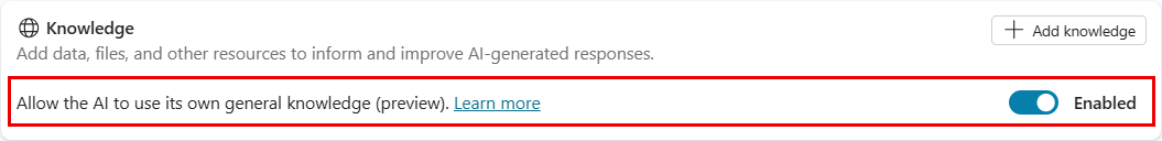 Снимок экрана страницы «Обзор», на которой выделен раздел «Знания» с включенной настройкой «Разрешить ИИ использовать свои собственные общие знания».