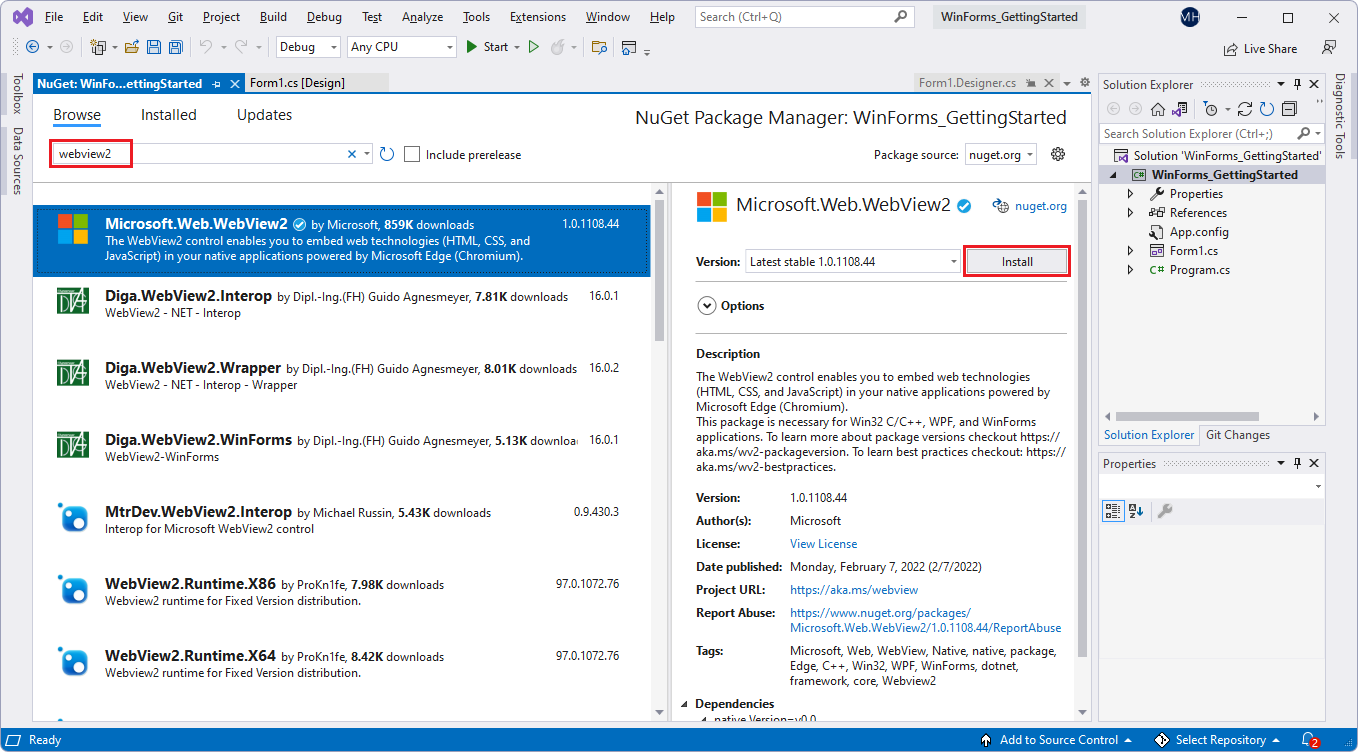 Диспетчер пакетов NuGet в Visual Studio, установка пакета NuGet пакета NuGet microsoft.Web.WebView2 SDK для текущего проекта