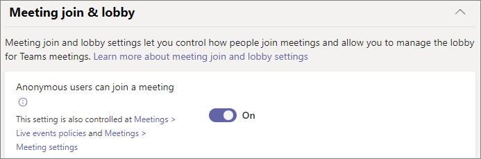 Снимок экрана: параметр политики анонимного присоединения к собранию в Центре администрирования Teams.