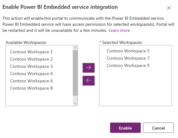 Выбор рабочих областей Power BI.