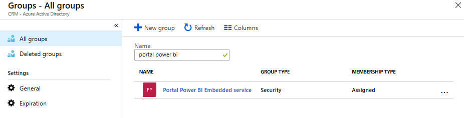 Поиск и выбор группы безопасности для службы Power BI Embedded.