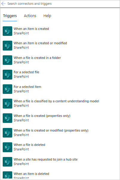 Снимок экрана, на котором показаны некоторые триггеры SharePoint, такие как 
