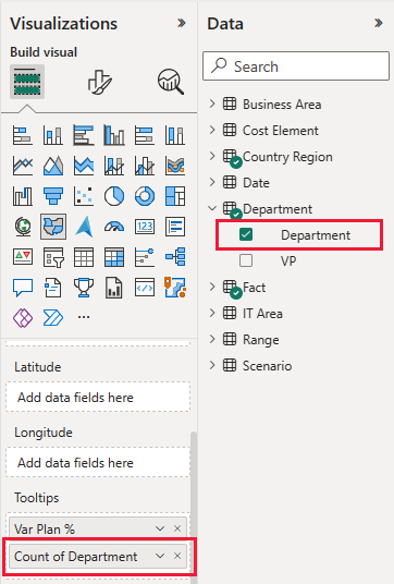 Screenshot shows the Visualization pane with Department added to the tooltip.