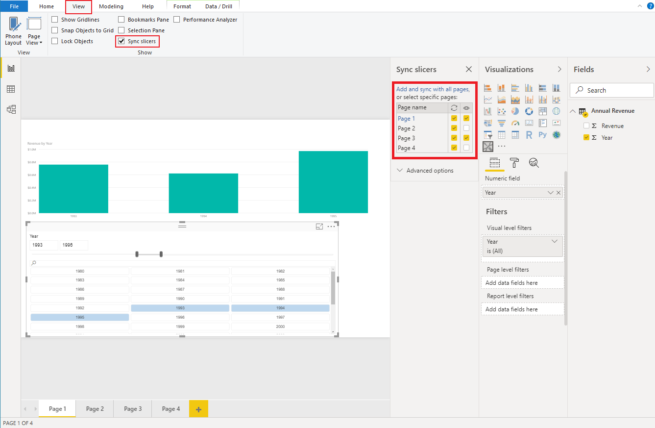 Снимок экрана: Power BI Desktop, на котором показана область срезов синхронизации представлений.