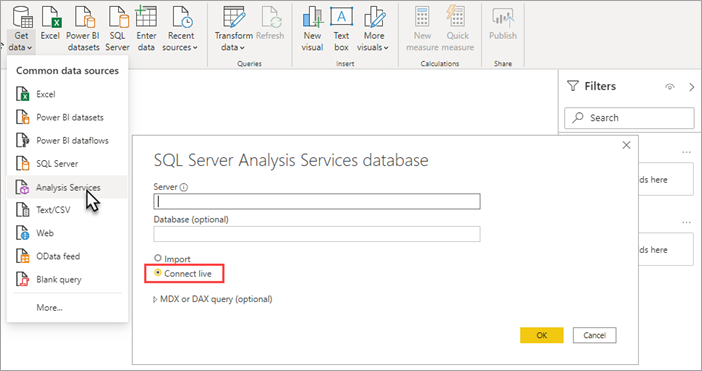 Снимок экрана: службы Power BI Desktop Analysis Services выбраны. Подключение live выделено в диалоговом окне базы данных служб Analysis Services.