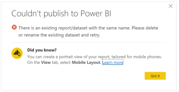 Не удалось опубликовать ошибку Power BI.