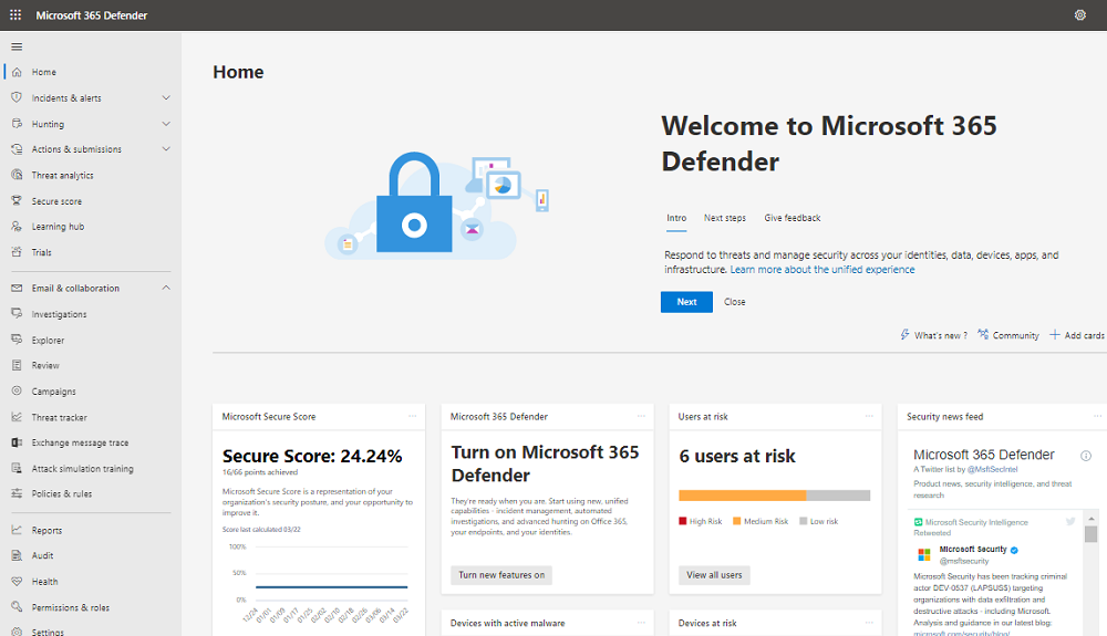 Страница Microsoft 365 Defender.