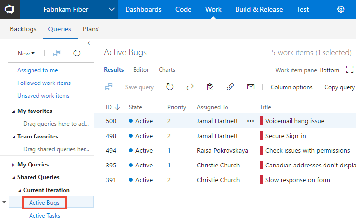 Web portal, Boards>Queries, Open Shared queries, Active Bugs