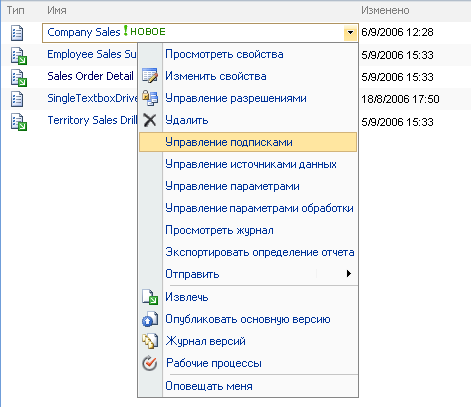 Пункты меню для определения отчета