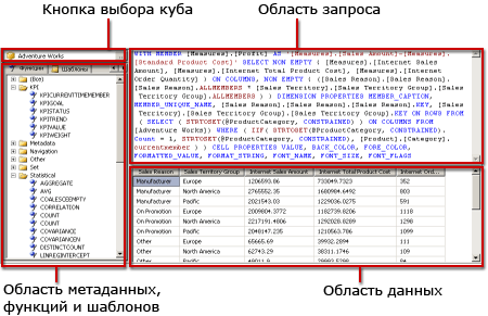 Конструктор запросов многомерных выражений служб Analysis Services, режим запроса