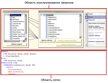 Конструктор DMX-запросов служб Analysis Services, режим запроса