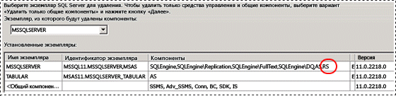 Выбор экземпляра в программе удаления SQL