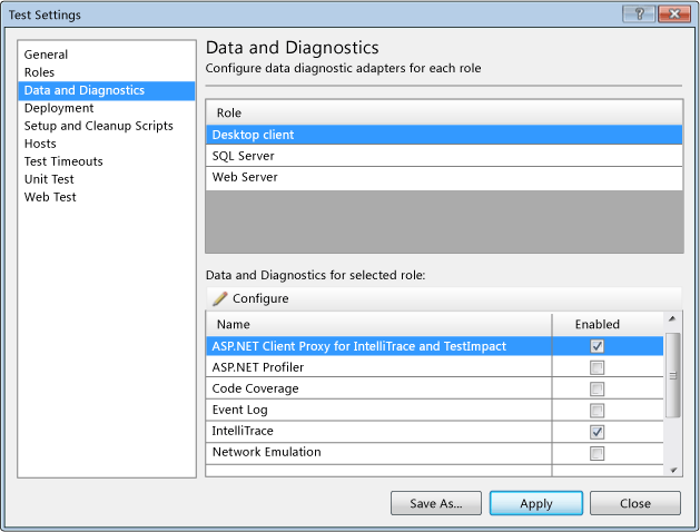 Test setting data and diagnostics