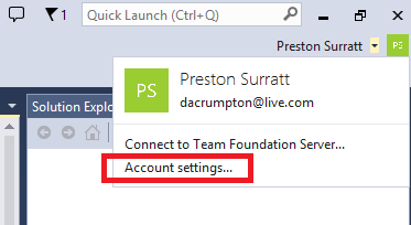 Меню "Параметры учетной записи" Visual Studio