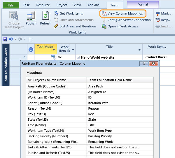 View which TFS fields are mapped to project fields