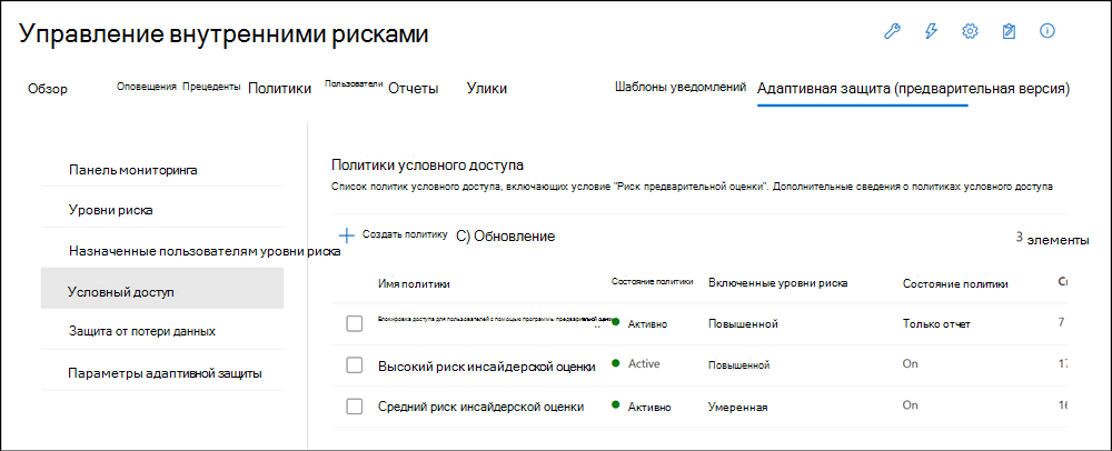 Политики условного доступа для управления внутренними рисками адаптивной защиты.