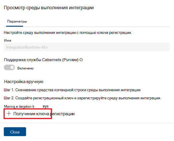 Снимок экрана: страница просмотра среды выполнения интеграции с выделенной кнопкой Получить ключ регистрации.