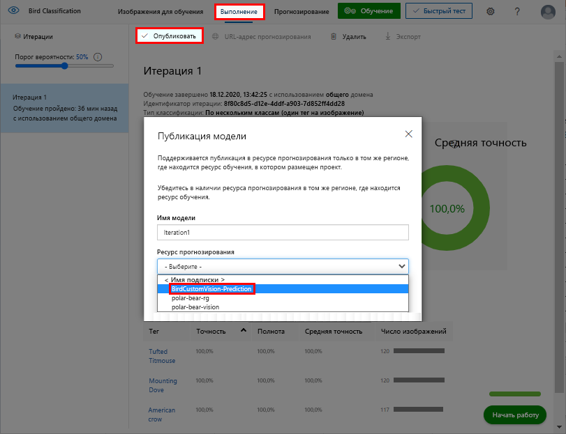 Снимок экрана: публикация обученной модели Пользовательского визуального распознавания.