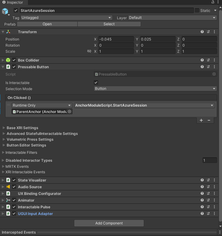 Screenshot that shows Unity with the StartAzureSession button's OnClick event configured.