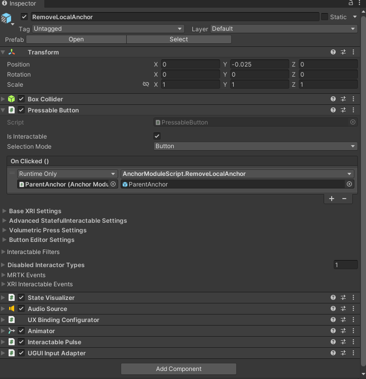 Screenshot of Unity with the RemoveLocalAnchor button's OnClick event configured.