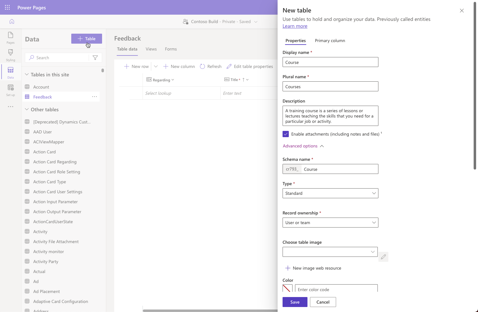 Screenshot of a table properties panel displayed during the new table creation process in Power Pages design studio.