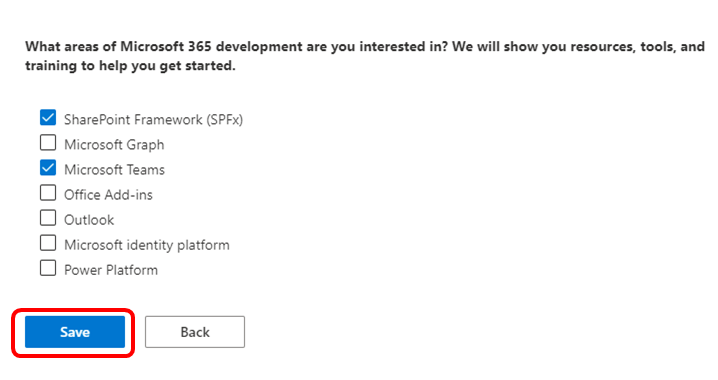 Выбор области Microsoft 365 Developer