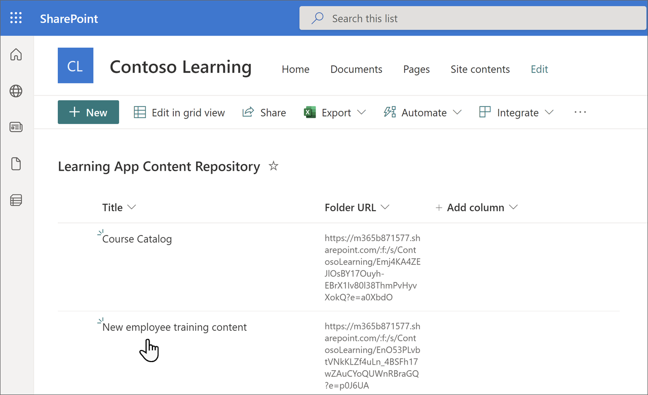 Страница репозитория содержимого обучения в SharePoint с обновленными сведениями.