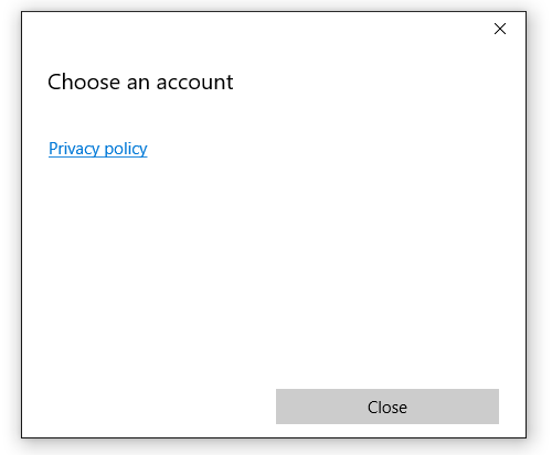 Снимок экрана: окно выбора учетной записи без указанных учетных записей и ссылка на политику конфиденциальности.