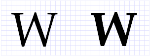 Иллюстрация буквы "W" в весовых коэффициентах "Обычный" и "УльтраБолд"