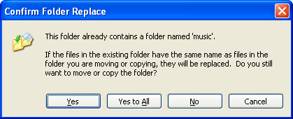 Снимок экрана: диалоговое окно подтверждения замены папки 