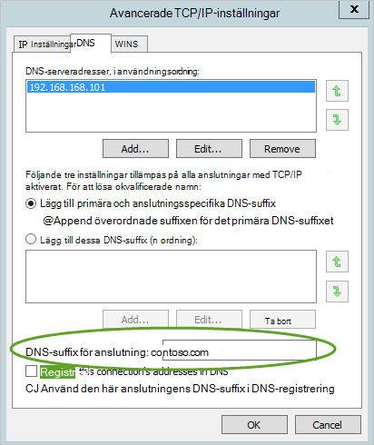 Konfigurera DNS-suffix i avancerade TCP/IP-inställningar.