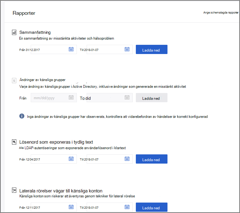 Skärmbild som visar val av rapportdatum.